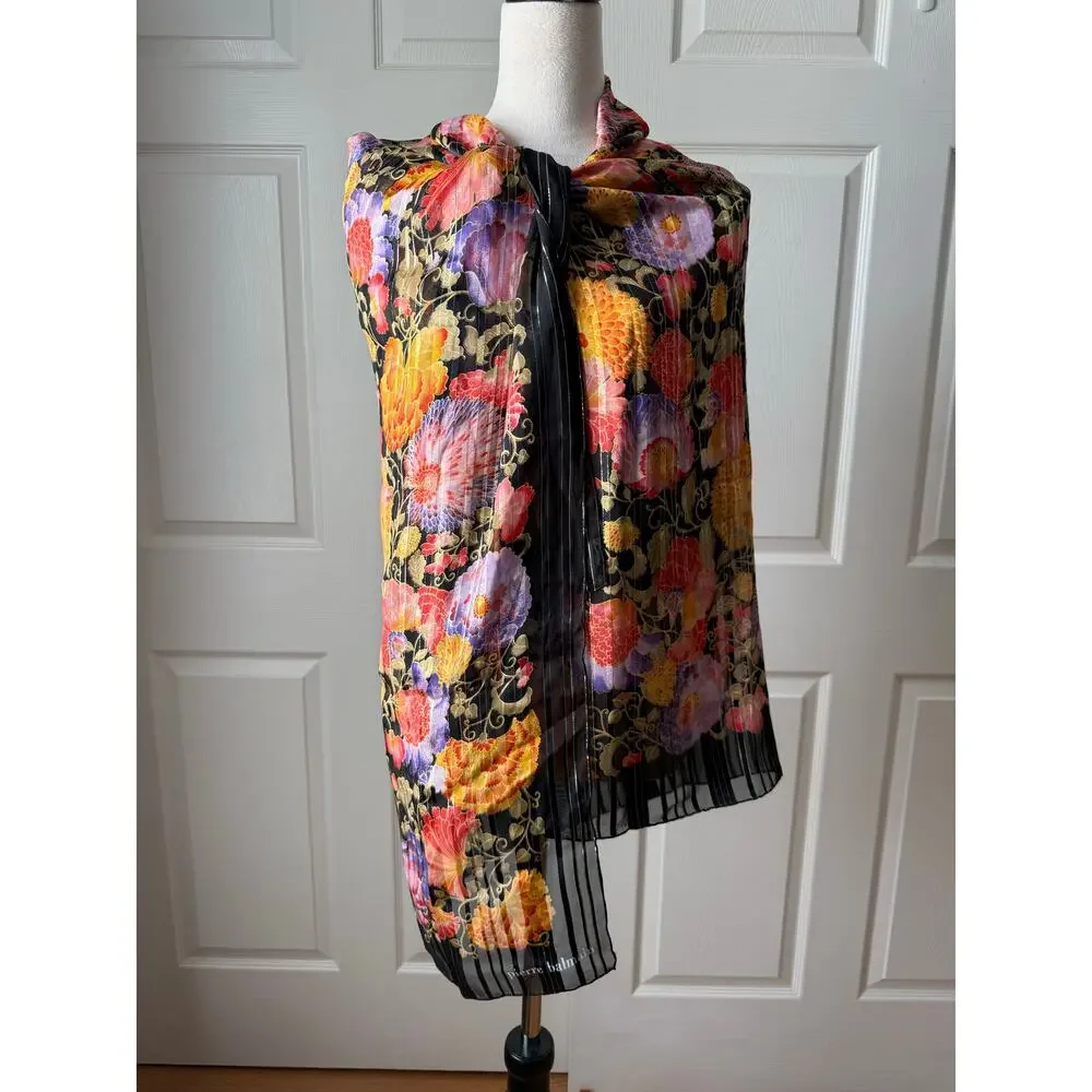 Pierre Balmain Black Floral 100% Silk Chiffon Wrap Scarf Vtg Y2K Made‎ in France